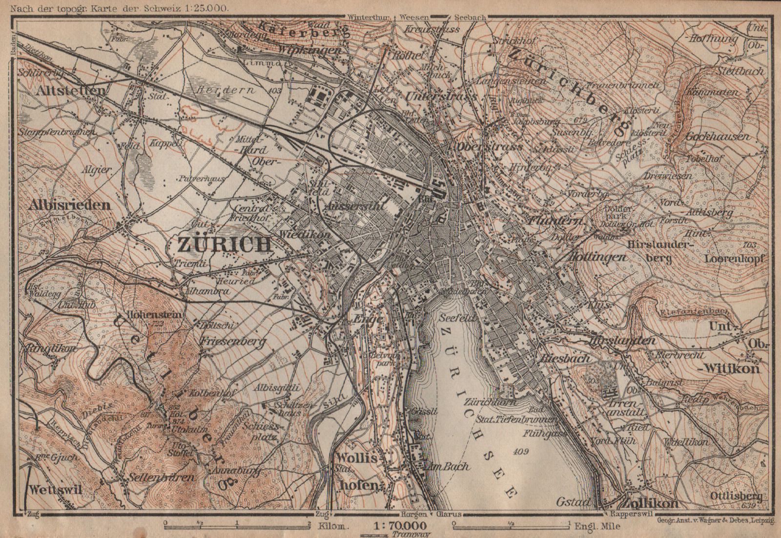 ZÜRICH ENVIRONS. Zurich. Switzerland Suisse Schweiz carte karte 1907 old map